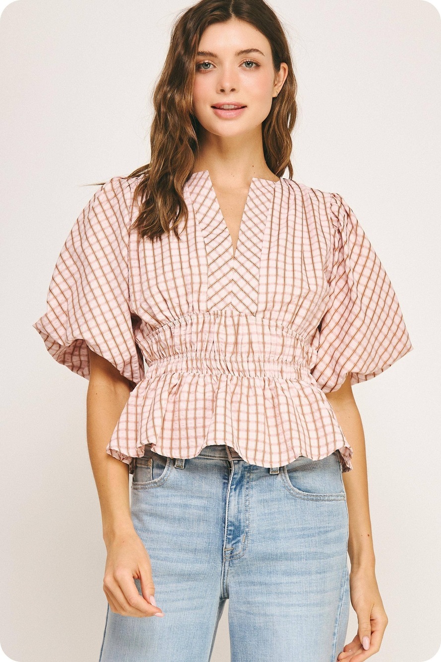 Strut & Bolt Checkered Puff Sleeve Blouse